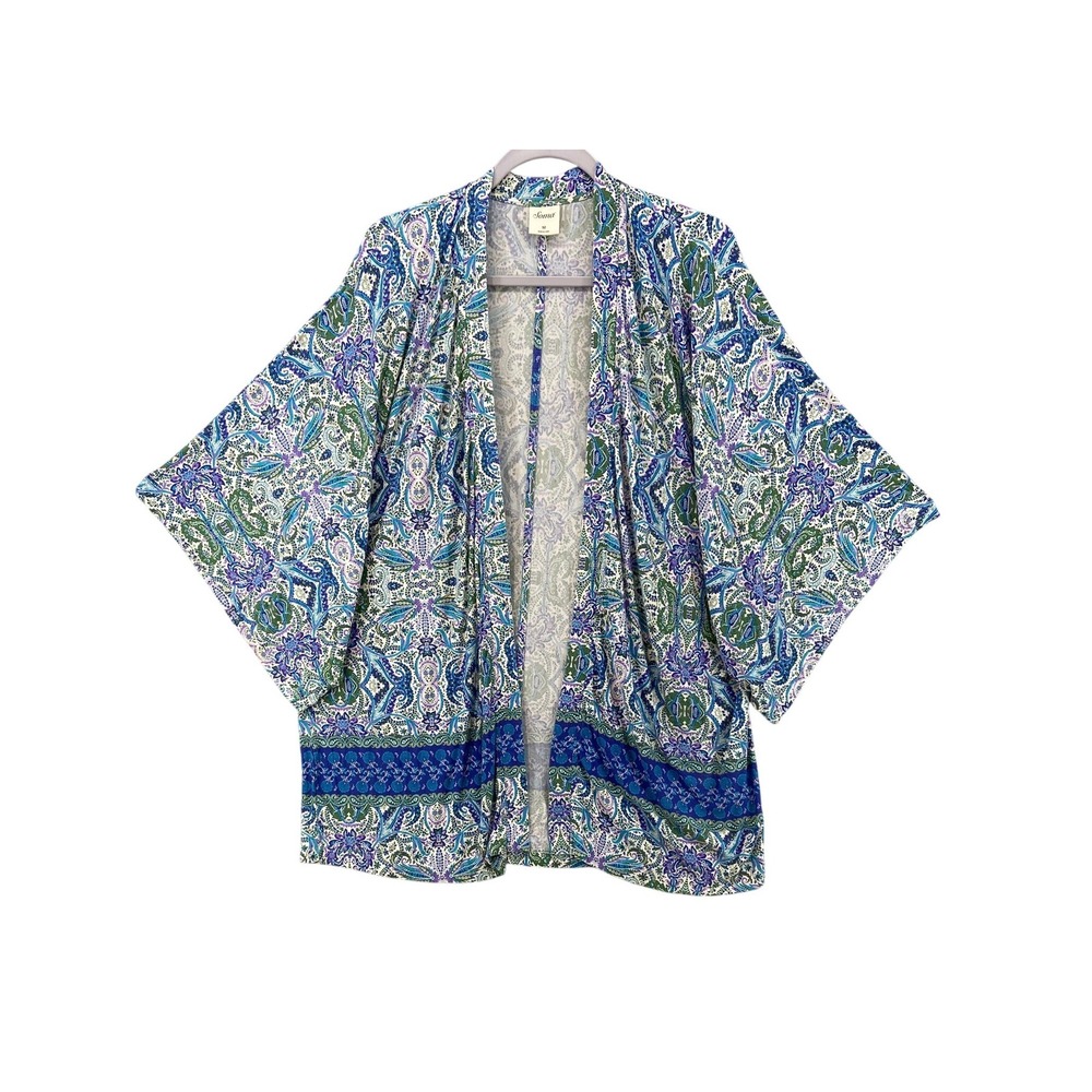 Soma Kimono Wrap Women Medium Blue Green Paisley Open Front Rayon Stretch Boho